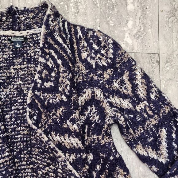 🇬🇪🔹️Lucky Blue Intarsia Chunky Knit Open Cascading Cardigan Sweater Large - Picture 8 of 12